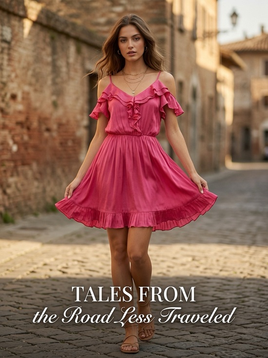 Easel Los Angeles Dresses & Skirts - Cold-Shoulder Ruffle Mini Dress in Pink Easel Silky Dress
